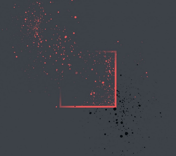 Abstract red and black paint splatters with a square frame