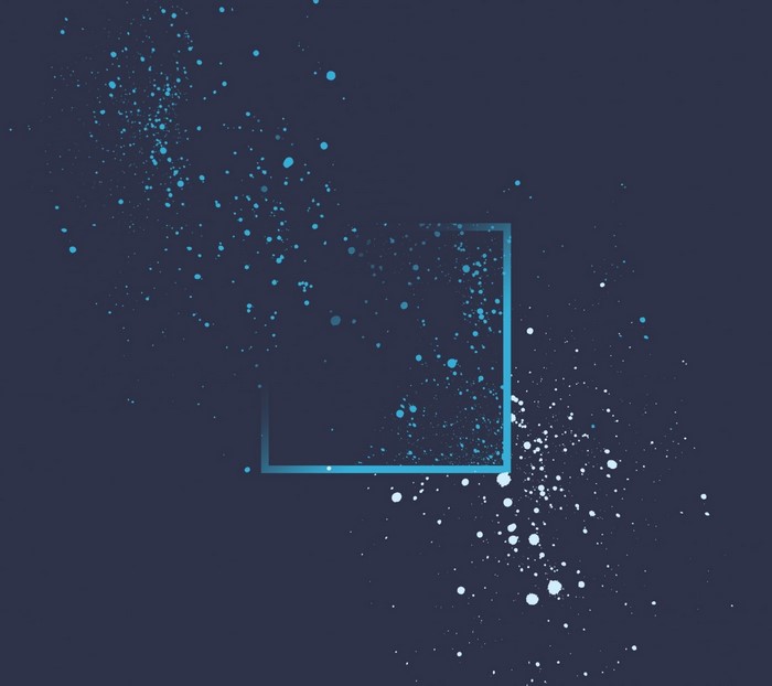 Abstract blue and white particles with a square frame