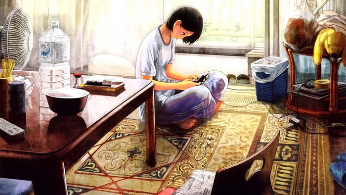 Anime girl playing on a phone in a room