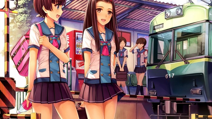 Anime girls in school uniforms at a train station