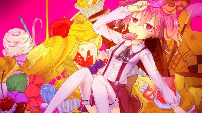 Roromiya Karuta from Inu x Boku SS surrounded by sweets