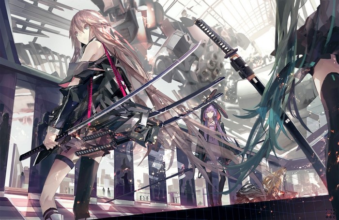 Anime girls with katanas in a futuristic city