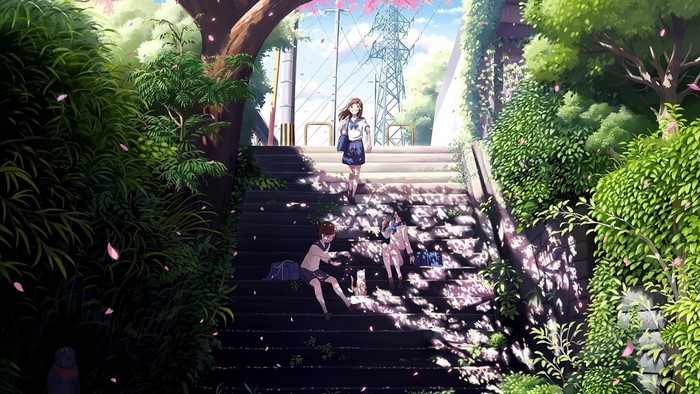 Anime girls in school uniforms on stairs with cherry blossoms