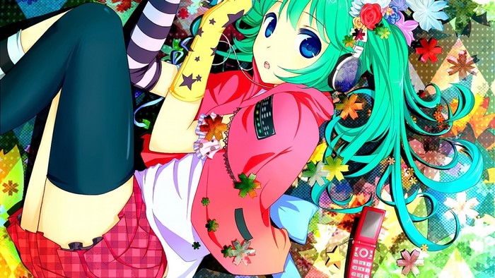 Hatsune Miku with headphones and flowers