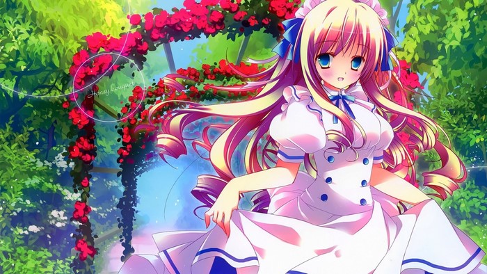 Anime girl with blonde hair and blue eyes in a white dress