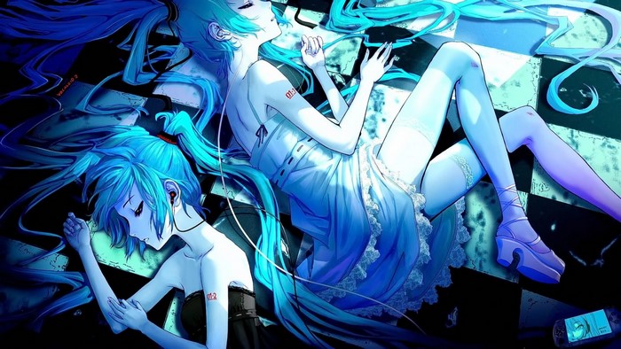 Two Hatsune Miku characters sleeping on a checkered floor