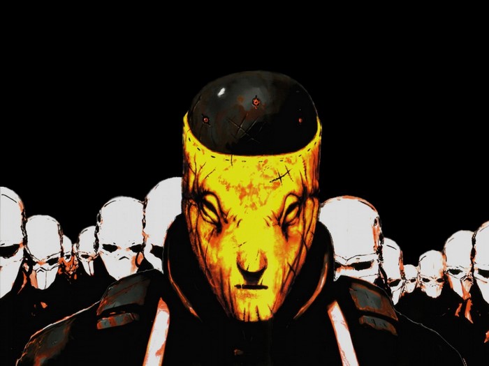 Illustration of a masked figure from Biomega