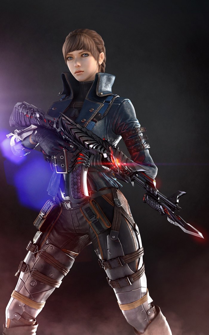 Female character with futuristic rifle
