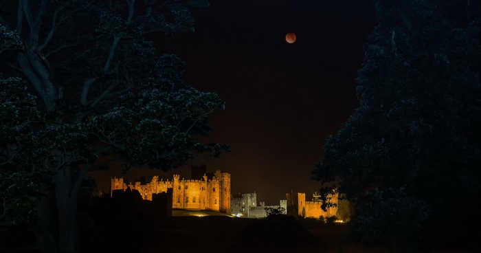 Castle illuminated at night under a red moon