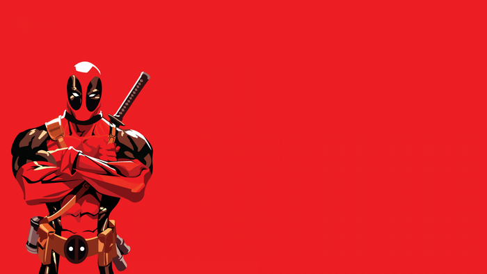 Deadpool with swords on red background