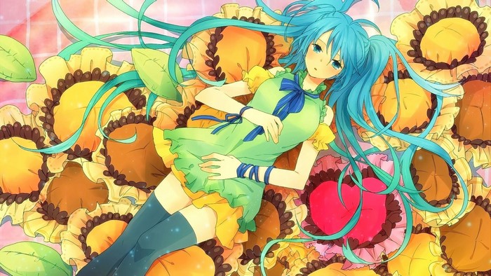 Hatsune Miku from Vocaloid lying on sunflowers