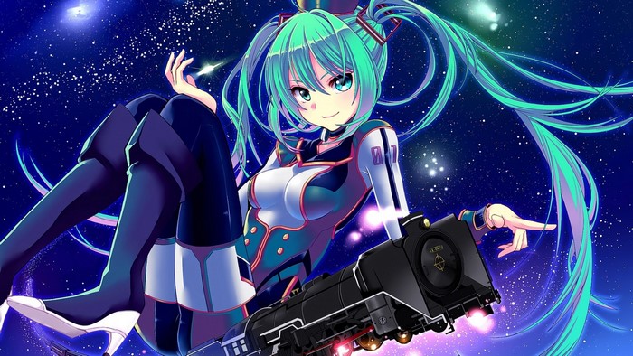 Hatsune Miku sitting with a train in space