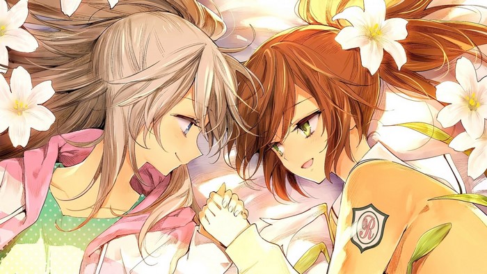 Two anime girls holding hands with flowers