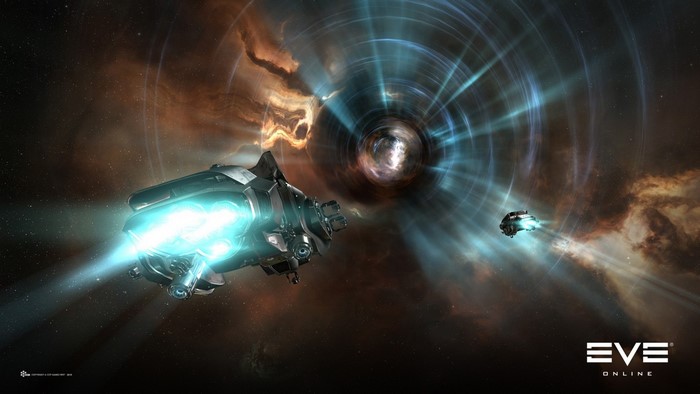 Spaceships entering a wormhole in EVE Online