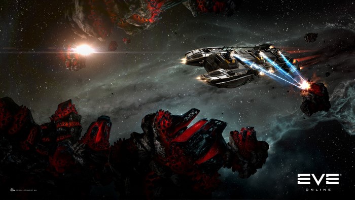 EVE Online Space Battle Among Asteroids