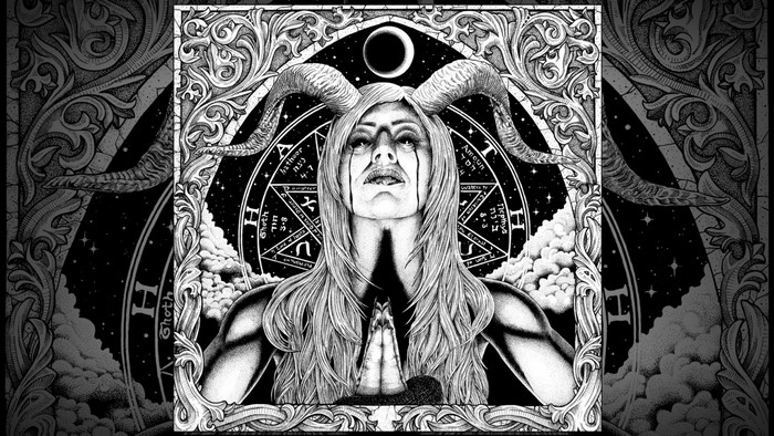 Baphomet illustration with pentagram and ornate frame