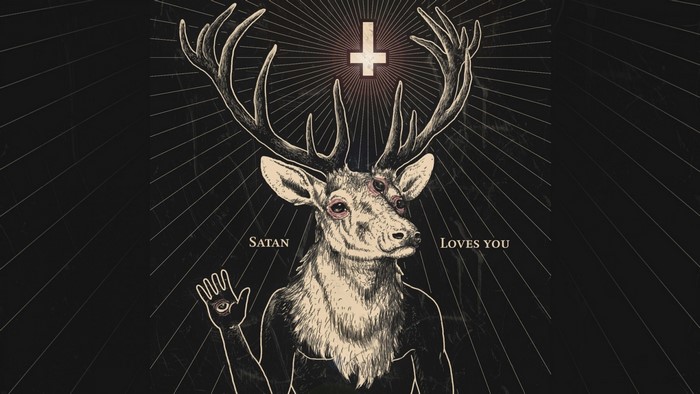 Illustration of a deer with inverted cross and Satanic symbols
