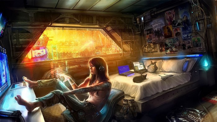 Cyberpunk Anime Girl Relaxing in Futuristic Room