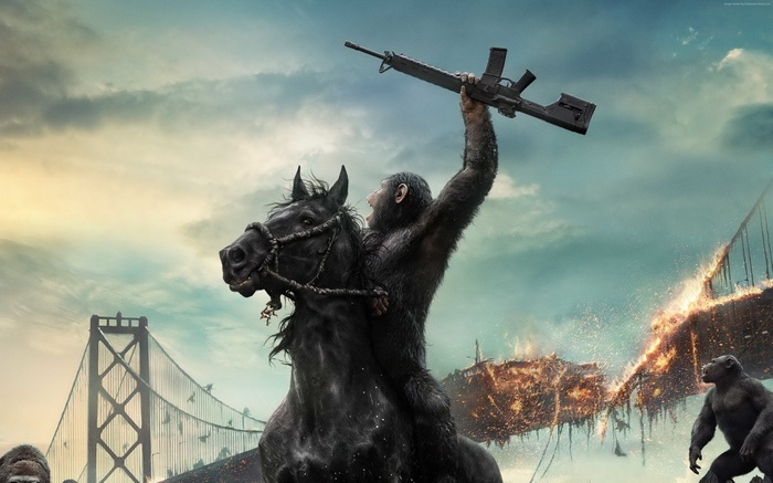 Caesar from War for the Planet of the Apes on horseback with a rifle