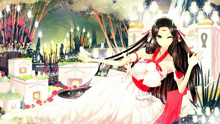 Anime girl with long dark hair in a white dress