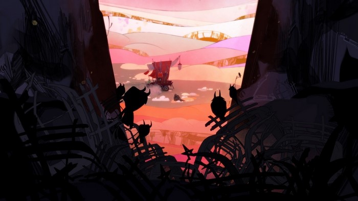 Pyre video game screenshot with a wagon and figures