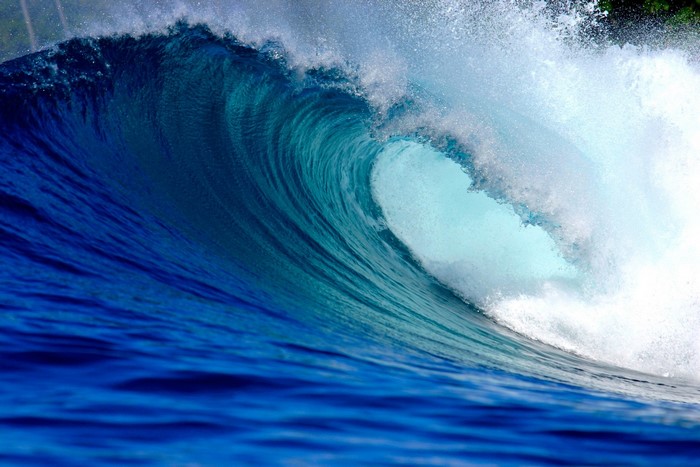 A large ocean wave crests and breaks