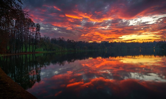 Sunset over a lake with trees and reflections
