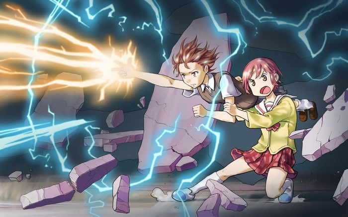 Misaka Mikoto and Yuuko Aioi from Nichijou using lightning powers