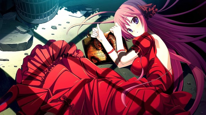 Anime girl in red dress reading a book