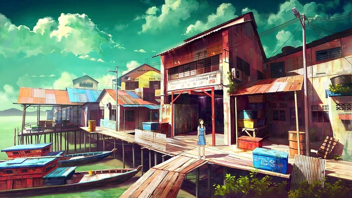Anime girl in a stilt village with boats