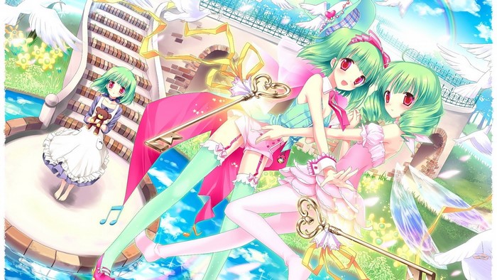 Anime girls with green hair and keys