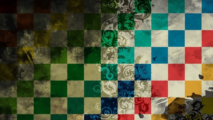 Abstract checkered pattern with floral designs and grunge texture