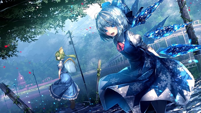 Two anime girls with wings in a forest