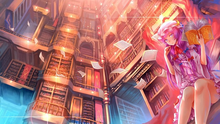 Anime girl with pink hair reading a book in a library