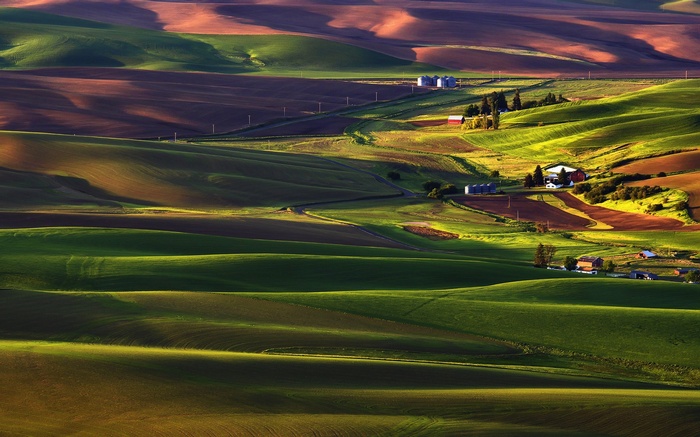 Rolling hills of farmland with buildings