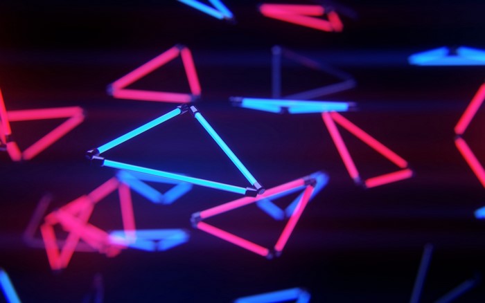 Abstract 3D neon triangles with pink and blue lights