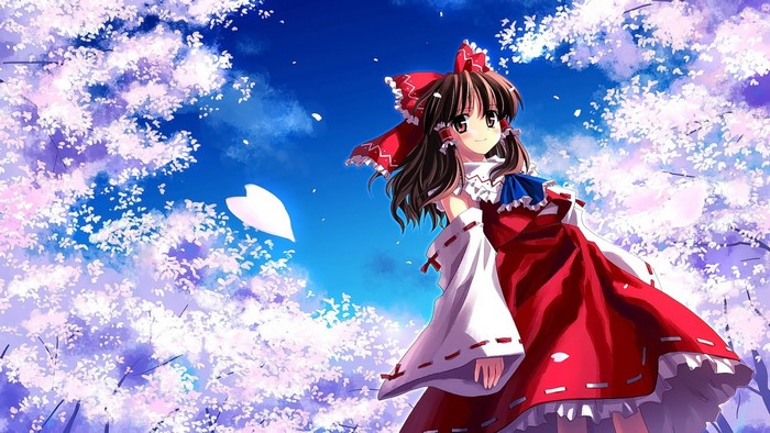 Anime girl with brown hair and red dress under cherry blossoms