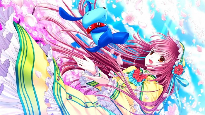 Anime girl with pink hair and blue dog