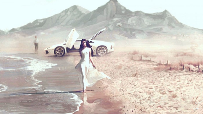 Woman in white dress on beach with Lamborghini and mountains