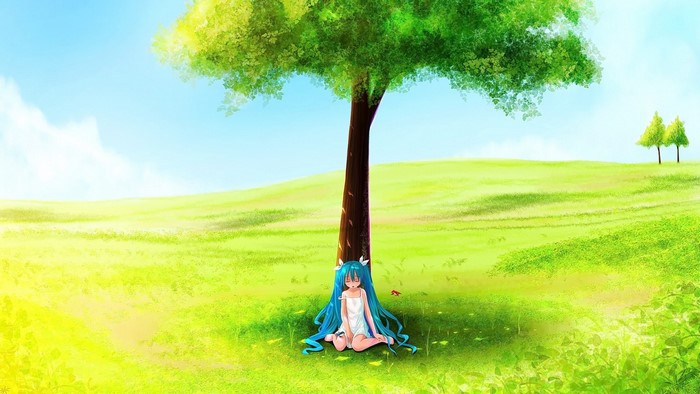 Anime girl with aqua hair sitting under a tree