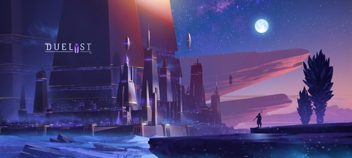 Duelyst artwork of a futuristic city at night
