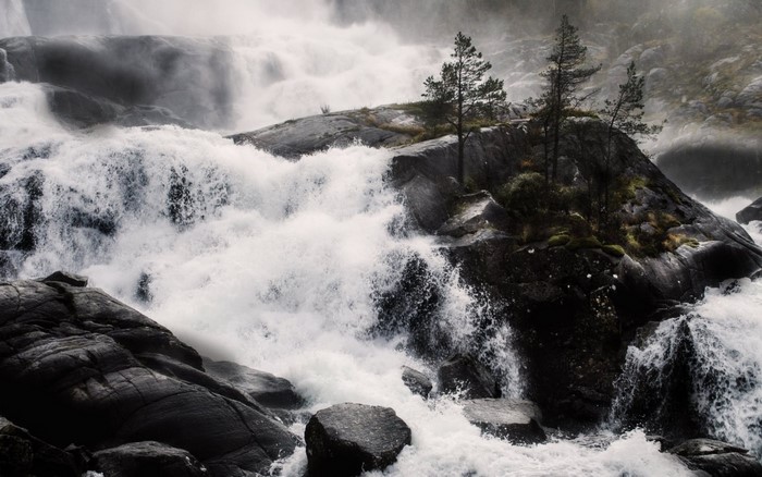 Powerful waterfall cascading over dark rocks with pine trees
