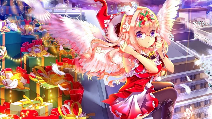 Anime girl with wings and glasses surrounded by Christmas presents