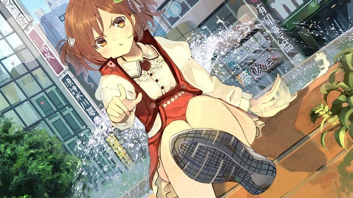 Anime girl with brown hair and pigtails in a red dress