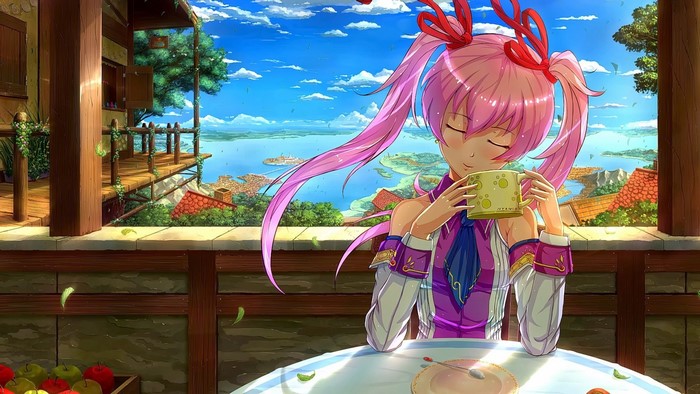 Anime girl with pink hair drinking from a mug