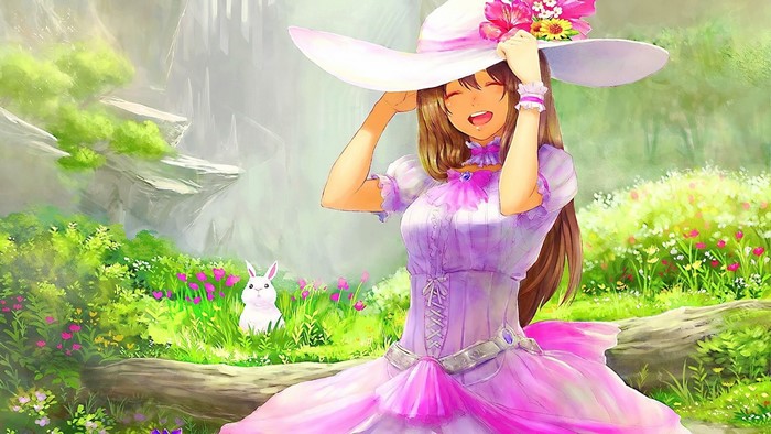 Anime girl in a purple dress and white hat in a field