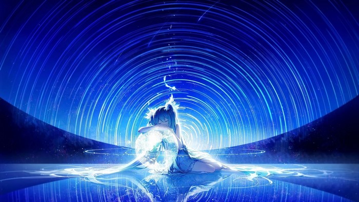 Hatsune Miku sitting in a blue starry environment