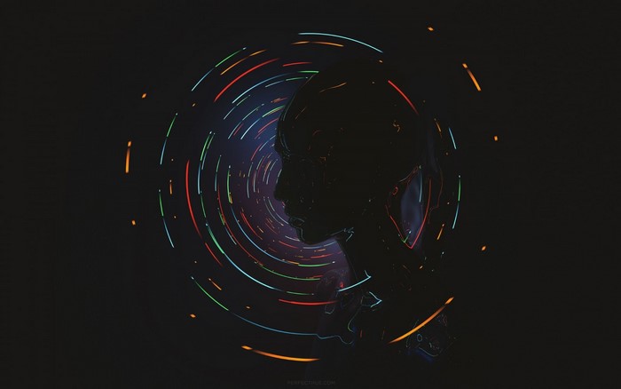 Silhouette of a head with swirling colorful lights