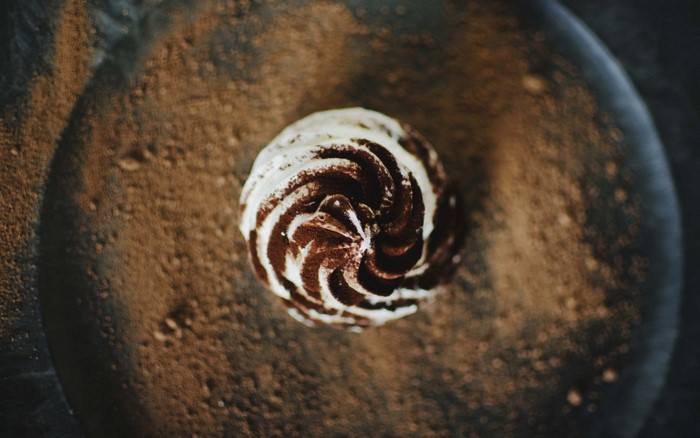 Close-up of chocolate and cream dessert on a dark plate