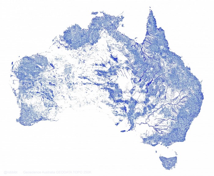 Map of Australia showing rivers and streams